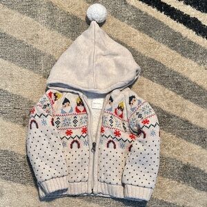 Hanna Andersson Light Gray Hooded Knit Zip Sweater with Pom